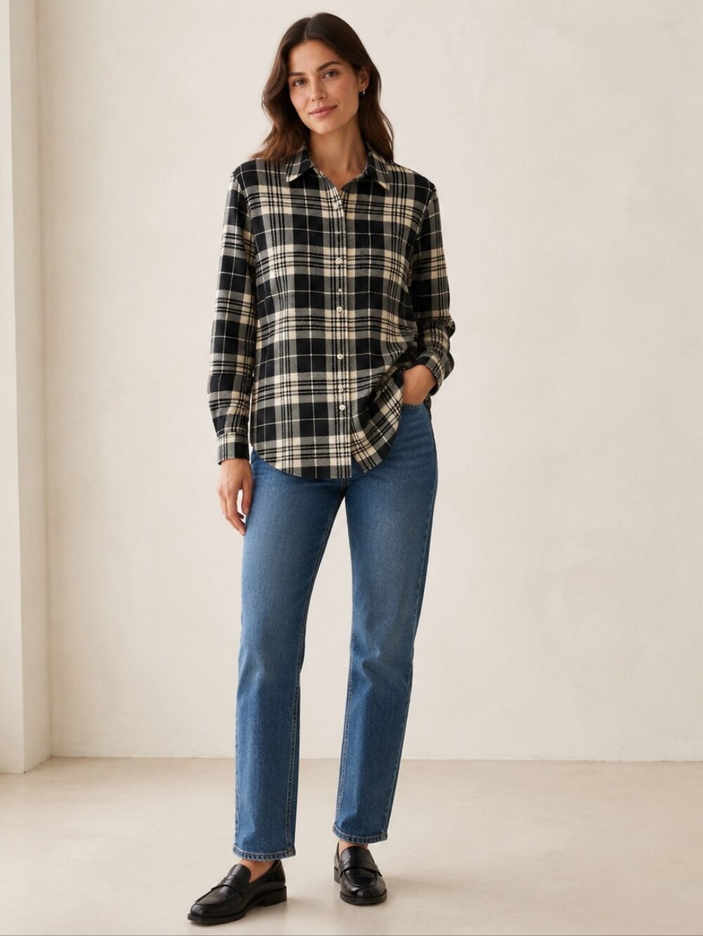 Quince Stretch Sweater Fleece Shirt Black & Cream Plaid Size L